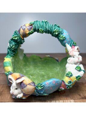 Hand-Painted Easter Basket With Bunny & Egg Design Resin Material Decorative